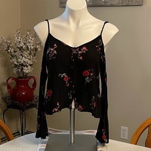 Kendall & Kylie Black Floral Cold Shoulder Top - Size Small
